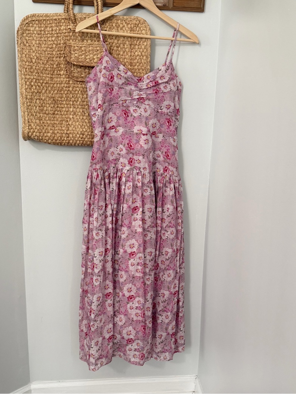 Endless Rose Anthropologie pink floral drop waist linen blend midi dress Size M